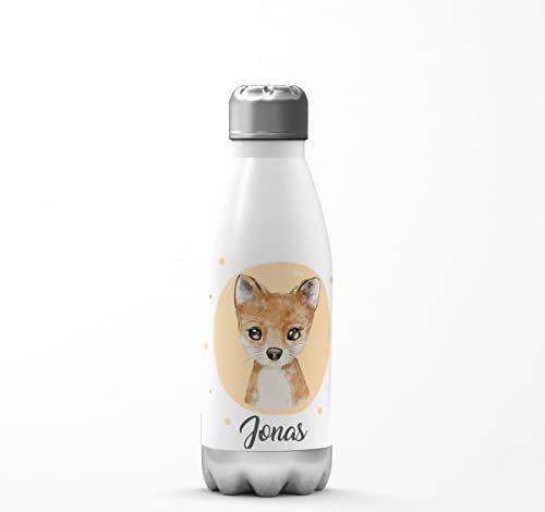 Mikalino Kinder Edelstahl Trinkflasche Kleiner süßer Fuchs personalisiert mit Wunschname Einschulung für Thermosflasche Mädchen Junge, Farbe:weisssilber, Grösse:350ml