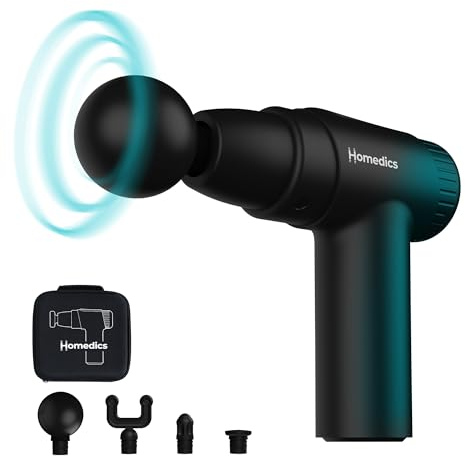 HoMedics NOVO Mini Massage Gun - Heated Electric Handheld Massagers with 4 Attachments & 6 Intensity Settings, Deep Tissue Vibrating Massager for Discomfort Ease, Percussion Massage - Black