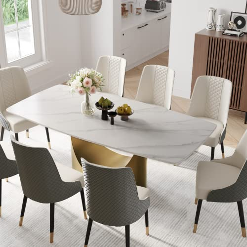 POVISON Table de Salle à Manger 180cm pour 6-8 Personnes, Table à Manger avec Plateau Rectangulaire Blanche en Pierre Frittée, Pied en Acier Carbone, Table sans Chaise, 180 * 90 * 75cm