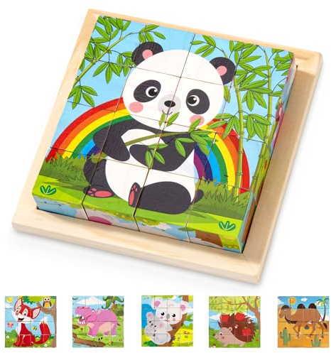 Würfelpuzzle, 3D Bildwürfel Puzzle aus Holz, 6 in 1 Tier-Motive Holzpuzzle Montessori Pädagogisches Lernspielzeug Geschenk für Kinder Mädchen Jungen ab 2 3 4 Jahre