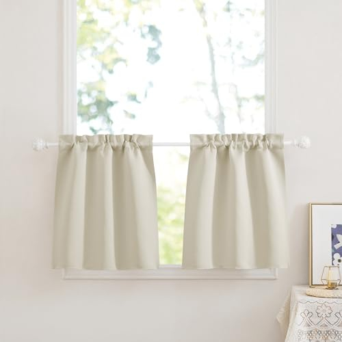 PONY DANCE Bistrogardine 2er Set B 60 x H 45 cm Scheibengardinen Modern Kurze Gardine für Badezimmer Fenster Wohnwagen Vorhang Blickdicht Küche, Hellbeige