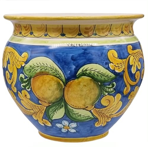 Sicilia Bedda - VASO IN CERAMICA DI CALTAGIRONE - Realizzato e Dipinto a Mano - Altezza 20 CM Diametro 26 CM (Limoni Blu)