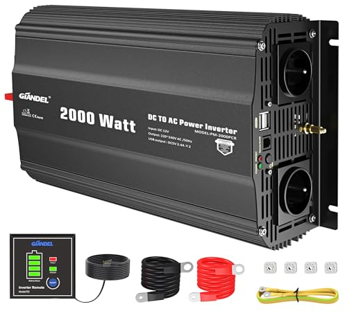 GIANDEL 2000W Convertisseur 12V 220V Onduleur à Onde Modifiée Transformateur Compatible Lithium-Batteries, avec Télécommande pour Voiture, Caravane, Bateau, Camping, Voyage - Version Noire