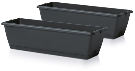 Spetebo Jardinera para balcón con soporte y sistema de riego, 2 unidades en 60 cm, barandilla de plástico en antracita, maceta para colgar con drenaje de agua