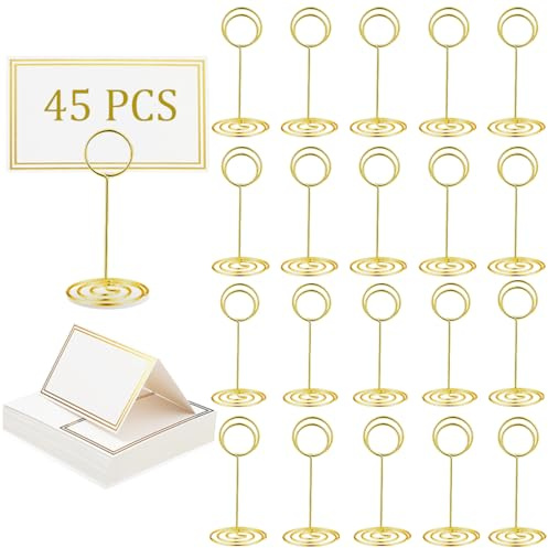 XingyLi 45pcs Table Number Holders Set, 3.35 inch Gold Wedding Place Card Holder with Place Cards, Table Number Stands, Wire Memo Picture Photo Name Card Holders, Menu Clips for Party Banquet Office