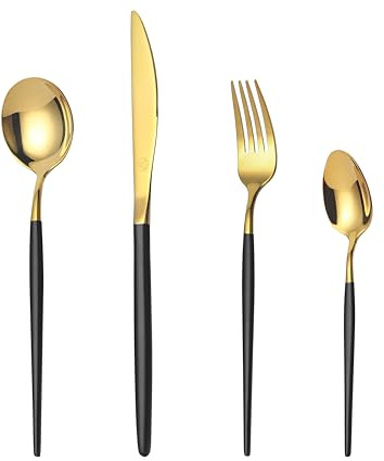 Mr.Spoon Juego de 24 piezas cubiertos para 6 personas,acero inoxidable 18/0, mango negro cabeza dorada, con cuchillo, tenedor, cuchara, apto para lavavajillas.Para Casa, Hotel, Restaurante