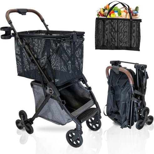 Strolee Personlig lyxig hopfällbar kundvagn med trappklättringshjul – lätt aluminiumram – avtagbar shoppingväska med bärrem och lägre förvaring 34 kg kapacitet (skugga v2 trapphjul)