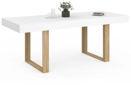 IDMarket Phoenix - Mesa de comedor extensible rectangular (4 – 8 personas), color blanco, patas de madera 160 – 200 cm)