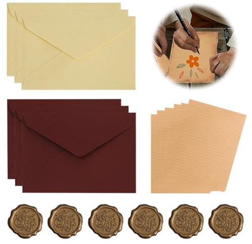 WeddHuis 18 pezzi Carta da Lettere con Busta, Carta da Lettere Decorata Busta Kraft Vintage, 6 Buste di Carta Vintage, 6 Carta Vintage, 6 Adesivo Sigilli di Cera, per Scrivere e Disegni (Vintage)