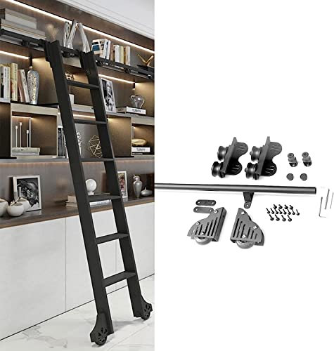 TWHZSAI Rollleiter-Hardware-Kit, einziehbares schwarzes rustikales Schiebe-Bibliotheks-Hardware-Kit (ohne Leiter), 3,3-20 Fuß Lange Schiene/Schiene, runde Röhre, Mobile Leiterschiene + Bodenrollenrä