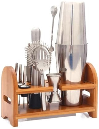 Juego de 10 coctelera de acero inoxidable con soporte de madera, coctelera de bar, juego de utensilios de bar para mezclar bebidas, kit de coctelera para el hogar, juego de coctelera