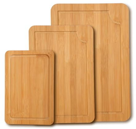 Juego de 3 tablas de cortar de madera de bambú con ranura para jugo, tabla de madera respetuosa con el medio ambiente, tablas de cortar para pan, carne, frutas, verduras
