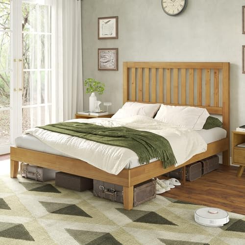 Jocisland Queen Size Solid Wood Platform Bed Frame, Stylish Grille Headboard, Noise-Free, 7.1 Storage Clearance, Easy Assembly, Safe for Families & Pet Owners, No Box Spring Required, Natural Oak