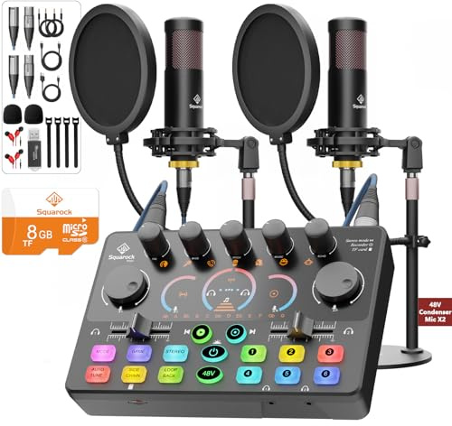 Podcast Equipment Bundle for 2,48V XLR Condenser Mic, Streaming, RS2i2 | RGB‑lit audio mixer with surround sound & memory‑card playback, perfect for streaming on mobiles, computers and cameras