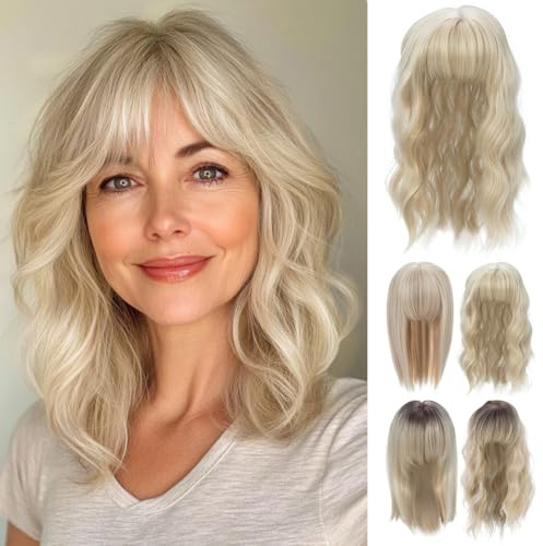 PARXITN Hair Topper für Frauen Synthetische Haarteile 35cm Hair Toupet mit Pony Welle Wiglets Haarteile für Dünnes Haar Highligh Blonde