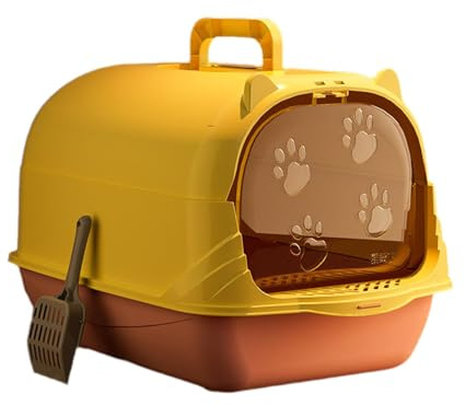 Caja de arena con capucha para gatos con puerta cerrada cubierta, inodoro para gatitos, orinal extraíble, fácil de limpiar, grande, 19.7 x 14.1 x 13.4 pulgadas, color amarillo