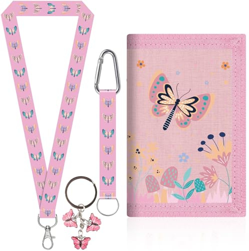 Portefeuille Enfant en Nylon, Porte-Carte Enfant Tour de Cou - Porte Monnaie avec Porte Cartes,Compartiment Billets et Poche à Pièces - Cadeau d'anniversaire 4-12 Ans (Papillon)