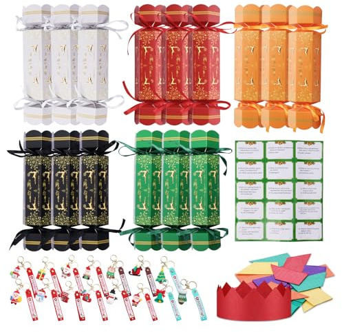 Maryparty Christmas Crackers Pack Luxury Xmas Cracker with Keychains Family Friendly Party Crackers for Christmas Dinner Table Fun Holiday Favors & Novelty Gifts