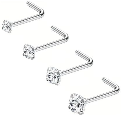 4 PCS 20G Nose Studs ,1.5mm 2mm 2.5mm 3mm Nose Rings, Hypoallergenic Stainless Steel L Shaped Nose Stud Sterling Silver, Tiny CZ Crystal Diamond Small Nose Stud, Plain Nose Studs, Nose pins for Women