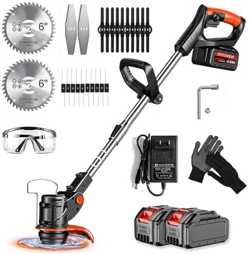 Cordless Weed Wacker, Electric Weed Trimmer Battery Powered with 2X 21V 4.0Ah Batteries, 3 in 1 Blades Types of Blades, Stringless Grass Trimmer/Lawn Edger/Brush Cutter for Garden and Yard