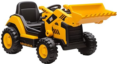 AIYAPLAY Ruspa Elettrica per Bambini 3-6 Anni con Licenza CAT e Benna, Macchina Elettrica Escavatore Cavalcabile 12V 7AH con 2 Motori, Telecomando, Musica, Bluetooth, USB, Giallo