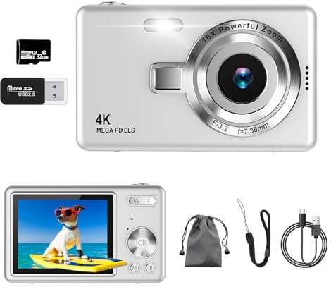 Digitalkamera, UHD 4K 50MP Kamera Fotoappara mit 32GB SD-Karte, 16X Digitalzoom, Wiederaufladbarer Akku, Tragbare Vlog Kamera für Kinder Teenager Student Anfänger