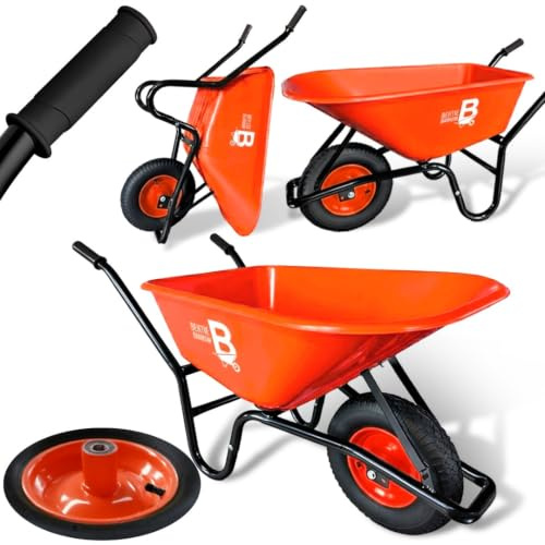 Bertie Barrow 100L Heavy Duty Garden Wheelbarrow – 250KG Max Load – Rust-Proof Plastic Tray with Pneumatic Tyre & Steel Rim – Ideal for Gardening, Stables, DIY & Landscaping – Orange