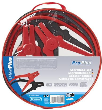 ProPlus Starthilfekabel-Set 16 mm², 2 x 3 m – Für Starthilfe bei Pkw und Fahrzeugen – TÜV/GS geprüft, vollisolierte Klemmen – Rot/Schwarz