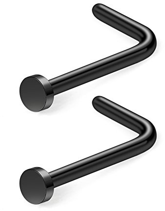 Ruifan 18G 316L Surgical Steel Nose Stud L Shaped Ring with 2MM Flat Top Piercing Jewelry 2PCS - Black