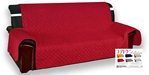 Cubresofá acolchado Vivy, funda de sofá de color liso rojo burdeos, 4 plaza, asiento de230 cm