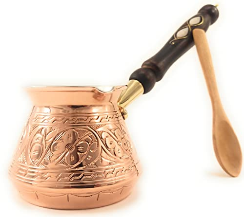 The Silk Road Trade ACI Series (Medium-13 fl oz) - Thickest Solid Engraved Copper Turkish Greek Arabic Coffee Pot with Wooden Handle, Stovetop Coffee Maker, Jazzve, Cezve, Ibrik, Briki, Café Turco