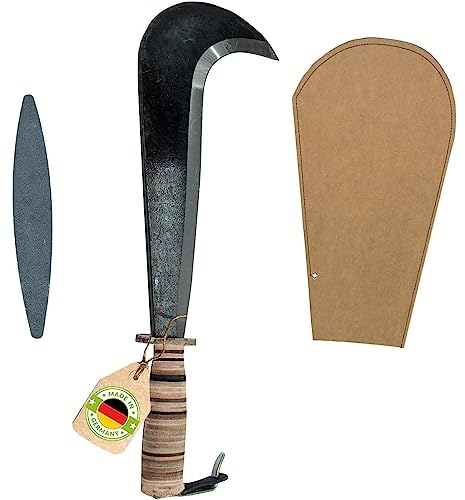 4betterdays.com Handgeschmiedetes Schweizer Gertel mit Ledergriff inkl. Gratis Schleifstein und Hülle aus SnapPap/Staudensichel, Handsichel, Sichelmesser/Made in Germany