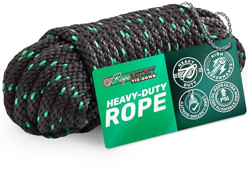 Rope Ratchet 1/2 50 ft Braided Polypropylene Utility Cord, Weather Resistant Indoor Outdoor for Gardening, DIY Projects, Securing Loads, Binding, Knot Tying, Tarp Use, 500 lb Capacity - Black/Green