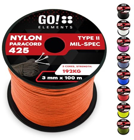 GO!elements Paracord Seil aus reißfestem Nylon - 3mm Paracord 425 Typ II max. 192kg - Schnüre als Outdoor Seil, Allzweckseil, Survival Seil, Armband, Hundeleine, Nylonschnur