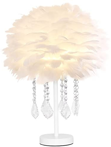 GUANSHAN Weiße Feder-Nachttischlampe mit 8 Kristallquasten Nachttisch-Lampenschirm Feder-Tischlampenschirm für Wohnzimmer, Schlafzimmer, Heimdekoration