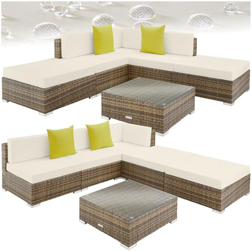 tectake® Aluminium Poly Rattan Lounge, modulares Gartenmöbel Set, großer Outdoor Couch Tisch mit Glasplatte, Sofa Set wetterfest für Garten, Balkon und Terrasse, extra Dicke Polster - naturbraun