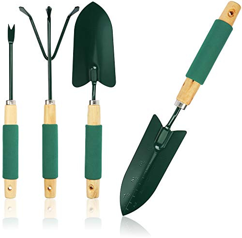 COM-FOUR® set di 4 utensili da giardino - utensili da giardino con cazzuola per fiori, pala a mano, rastrello per fiori e diserbante - set da giardino per piante (Set da giardino da 4 pezzi)