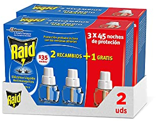 Raid ® Pack de 2+1 Recambios Eléctrico Líquido 45 noches, Pack de 2Uds - Cargadores para aparato enchufe anti mosquitos comunes y tigre Raid Eléctrico Líquido, Hasta 270 noches de protección