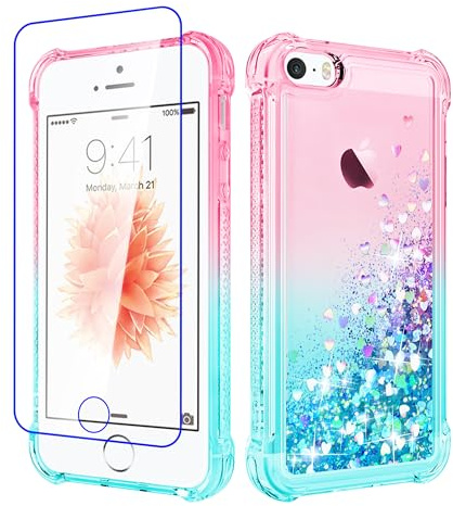 Pilaru for iPhone SE 2016(1st),iPhone 5/5S Case Clear Liquid Heart Lovely Glitter Soft TPU Cover Transparent Girly Protective Phone Case for iPhone SE (1st Gen),Rose-Green
