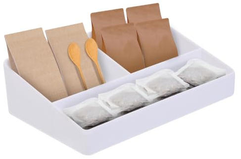 DOITOOL 3-Compartment Tea Bag Organizer Storage Box - Open-Top White Coffee Pod and Sugar Packet Holder - Ultra-Compact Condiment Dispenser Caddy for Kitchen Countertop Pantry and Restaurant