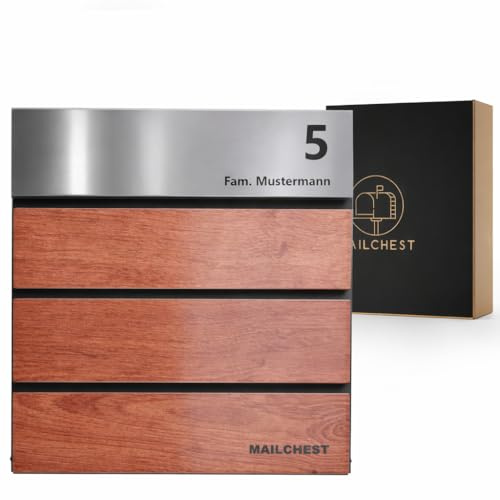 MAILCHEST Briefkasten in stilvoller Holzoptik/Softclose-Mechanismus/großzügig dimensioniert/Namensschild und Hausnummer/Inklusive Zeitungsfach/Anthrazit-Design aus Edelstahl