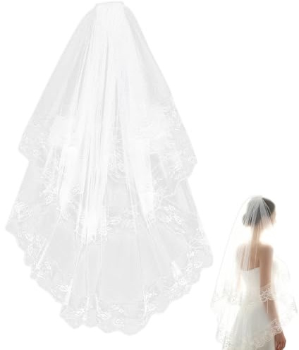 Cyrank Kurzer Schleier Für Damen, 2-stufiger Spitzen-Pailletten-Brautschleier Brautschleier Mit Kamm Für Die Hochzeit(Weiß)