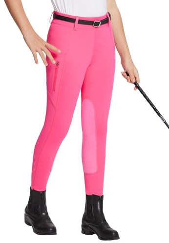 baleaf Girls Riding Pants Kids Equestrian Breeches Knee-Patch Zip Pocket Horseback Tights Pink XL