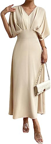 Floerns Women's V Neck Half Sleeve Ruched Cocktail Evening A Line Long Dress Apricot M