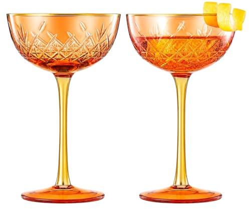 Vintage Art Deco Coupe for Champagne, Martini, Cocktails | Set of 2 | 7 oz Classic Cocktail Glassware - Manhattan, Cosmopolitan, Sidecar, Crystal Speakeasy Style Saucer Goblets with Stems (Orange Red)
