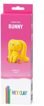 Hey Clay Fluffy Pets – Claymate Bunny – bunte Modelliermasse, lufttrocknender Ton für Kinder, lufttrocknender Ton-Set, 3 Dosen mit lustiger, interaktiver App