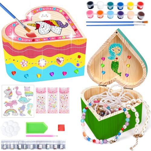 JABNOW Schatzkiste 2 Stück Schatzkiste zum Bemalen Kinder, DIY Bastelkoffer mit Mosaik Aufkleber, Schmuckkästchen mädchen,Basteln Mädchen 6 8 7 8 9 10 Jahre Geschenk