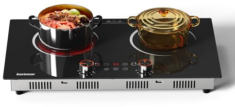 Karinear Electric Cooktop 2 Burner, 110V Electri Stove Top, 2000W Knob Control & Sensor Touch Electric Hot Plate for Countertop or Built-in Install, Timer, Safety Lock, 9 Power Level, 24 Inch