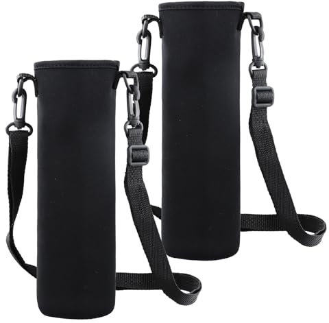 Anseom 2 Pièces Sac de Bouteille d'eau, 8 × 25CM 1500ML Grand Porte-Bouteille Thermos Pochette Bouteille avec Bandoulière Réglable Pour Sport Randonnée Cyclisme Voyages Campus (Noir)