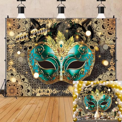 Masquerade Ball Backdrop Mardi Gras Carnival Glitter Gold Green Background Banner Masquerade Theme Birthday Party Decorations Supplies (7x5FT（210x150cm）)